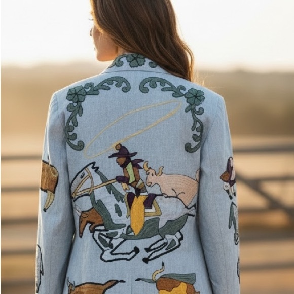 90s SANDY STARKMAN COTTON CHAMBRAY EMBROIDERED WESTERN COWGIRL THEME BLAZER SZ L - Picture 4 of 10